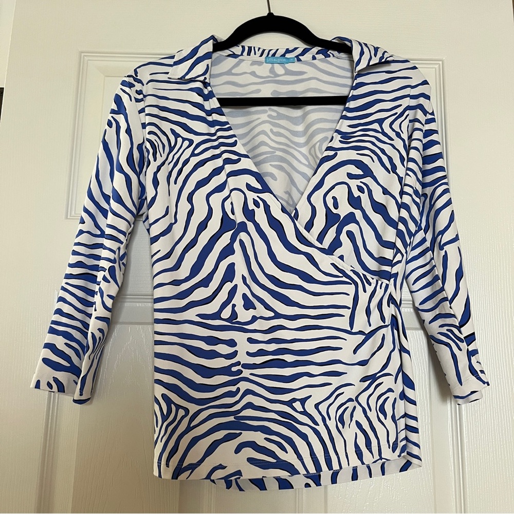 J. McLaughlin Blue and White Zebra Wrap Blouse